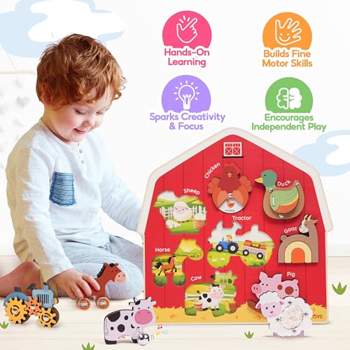 Image of KALOTOYS Wooden Farm Animal Puzzle for Toddlers 1-3 - 8 Piece Montessori Sound & Sensory Puzzle with Textures & Spinning Tractor Gears - Fine Motor Learning Toy & Autism-Friendly Baby Gift