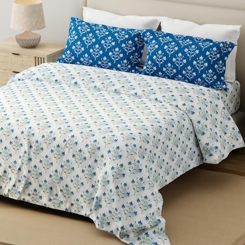 Image of Layers 100% Cotton for King Size Bed | 120 TC Floral, Soft, Breathable, Machine Washable Bedsheet with 2 Pillow Covers | Forever Collection (274 x 274 cm) - Blue & White