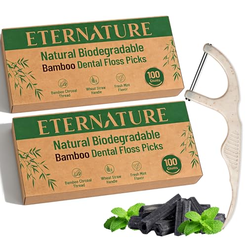 Biodegradable Dental Floss Picks for Teeth 200ct Organic Natural Bamboo Charcoal Double Thread Floss Sticks Flossers for Adults Vegan Wheat Straw Flossers Eco Friendly Teeth Cleaning Mint