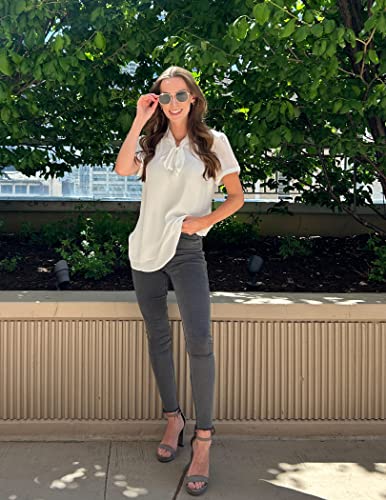 Acevog Womens Bow Tie Neck Short Sleeve Casual Work Chiffon Blouse Tops White-Short Sleeve Medium #TOP1