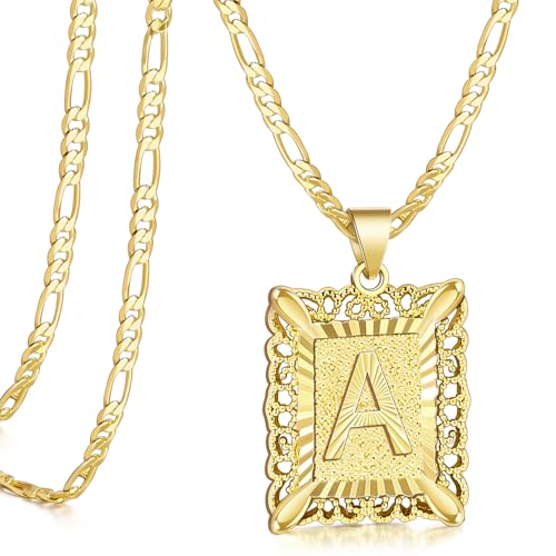 D&K Essentials Initial Necklace for Women and Men 14K Gold Plated Square Letter Pendant with A - Z Capital Monogram on Figaro Chain, Stylish and Hypoallergenic Jewelry