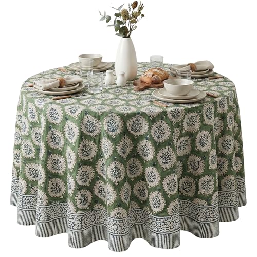 ATOSII Kari Green 100% Cotton Round Boho Spring Summer Tablecloth, Block Print Floral Table Cloth Linen for Dining, Parties, Weddings, OutdoorsI Home Table Decor 72" Inches Round