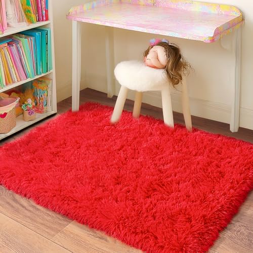 Small Area Rug, 2x3 Red Rug for Bedroom Shaggy Throw Rugs for Girls Room, Soft Carpet for Kids Room, Plush Non-Slip Fluffy Bedside Rug for Living Room Nursery Dorm Home Decor