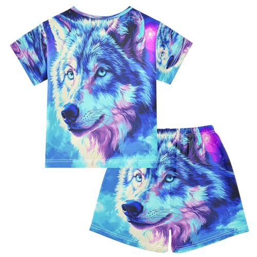 ALAZA Wolf Oil Painting Stylish Pajamas Set Short Sleeve Cotton Sleepwear Summer Pjs 2 Piece 5-14Y2