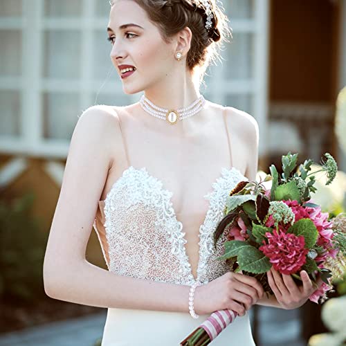 Thunaraz 1920S Faux Pearl Jewelry Set For Women, 3 Layer Pearl Choker Necklace & Classic Pearl Bracelet & Clip On Pearl Earrings Prom Party Costume Jewelry Gift #TOP4