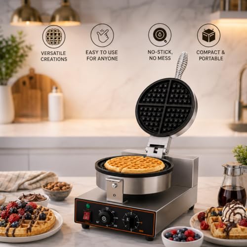 Image of Modern India Kitchenware Commercial Electric Waffle Maker Machine with Non-Stick Plate, Stainless Steel Belgian Waffle Baker for Cafe, Restaurant & Bakery
