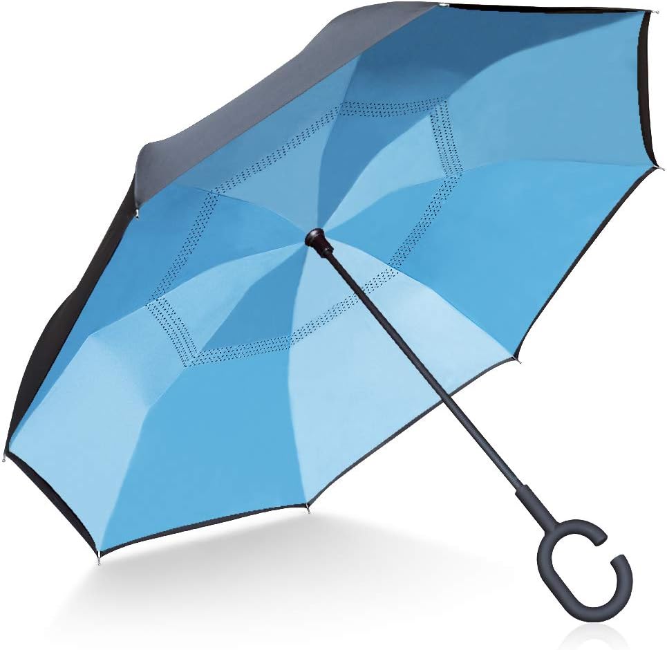 TOOGE Umbrella Inverted/Reversible, Long Windproof Umbrella Double Layer Inside-Out Self-Standing for Women and Men with Carring Bag (Sky Blue)