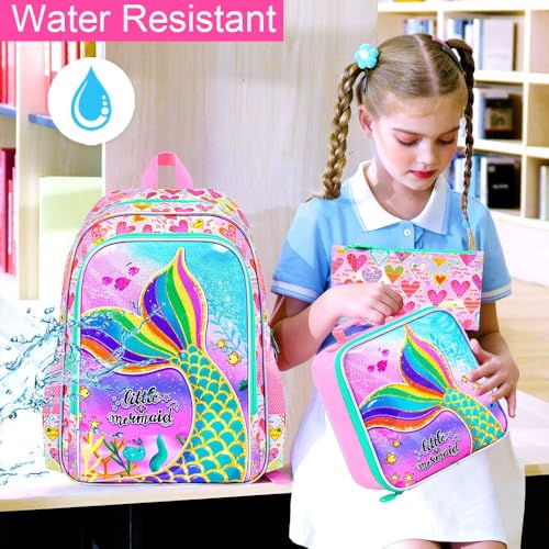 Image of 3Pcs Mermaid Backpack for Girls, 16 inch Kids Bookbag Set with Lunch Box,School Backpacks for Elementary Preschool Kindergarten (Rainbow)