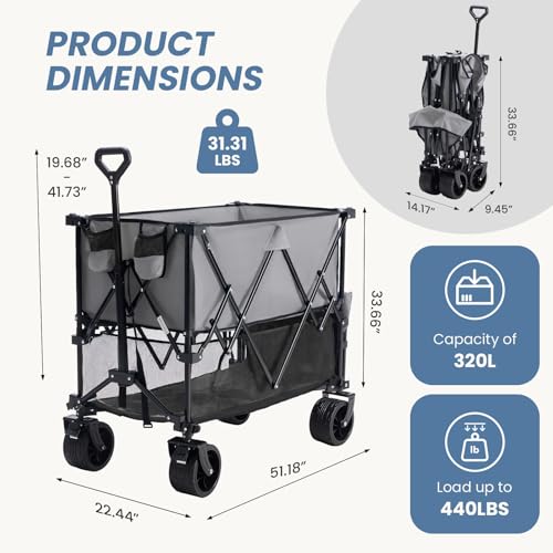 Image of DUMOS 440LBS Heavy Duty Double Decker Wagon with 54IN Extender, 400L Large Capacity Collapsible Garden Cart, All-Terrain 7IN Wheels with Brakes, Foldable Utility Wagon for Shopping, Camping, Grey