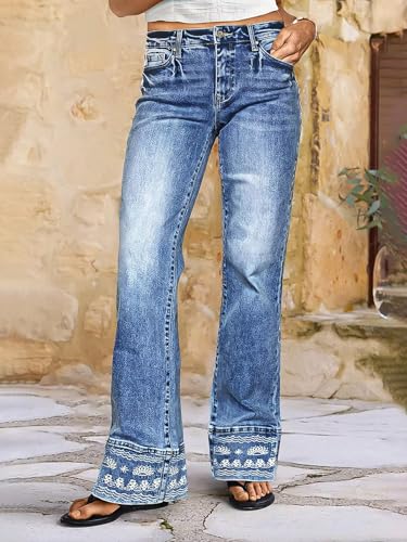 Flamingals Mid Rise Bootcut Jeans for Women with Embroidery Hem Stretchy Wash Straight Leg Jeans Causal Trendy2