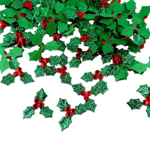 UZEXYO 100pcs Mini Holly Berries Artificial Leaves for Christmas Decorations Crafts Small Fabric Triple Leaf Embellishments for Wreath Card Making