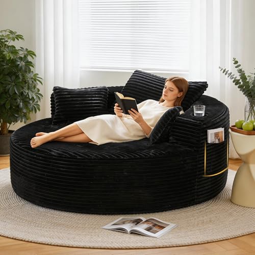 ClinQ 55 Oversized Round Chaise Lounge Chair 2.5CM Corduroy with 3 Pillows Side Pocket & Cup Holder Sleeper Boneless Couch Accent Chair for Living Room Bedroom No Assembly Required Black