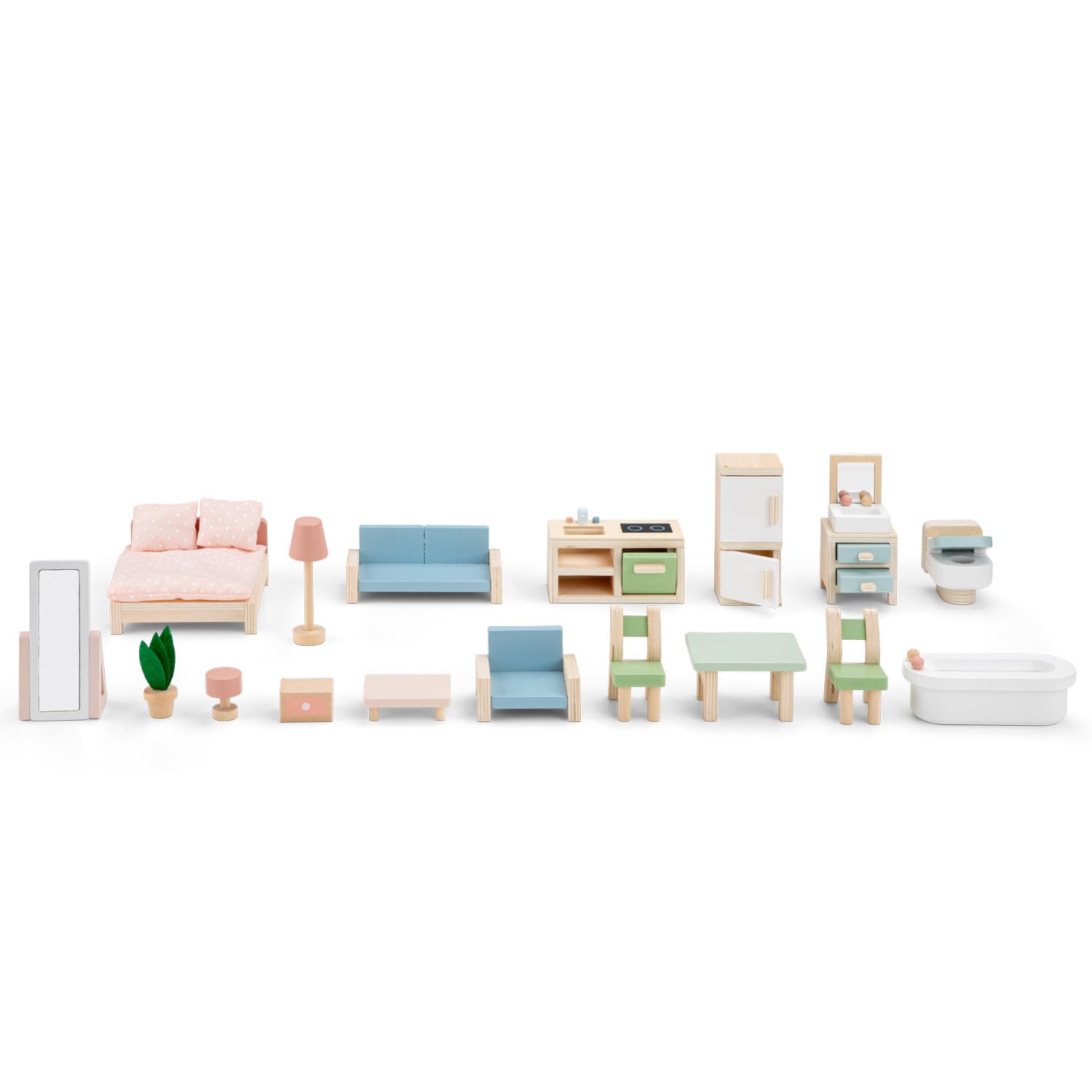 Woet® Casa delle Bambole Pieghevole Giocattolo in Legno per Bambini - Con 18 Mobili e 2 Bambole - Casa Portatile di Imitazione - A Partire da 3 Anni