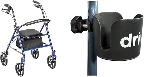 Drive Medical 10257BL-1 - Andador con ruedas de 4 ruedas con asiento, andador de acero, altura ajustable y universal con abrazadera para caminante,