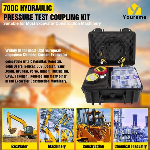 Image of 70DC Digital Hydraulic Pressure Test Coupling Kit Hydraulic Pressure Gauge Kit for Excavator Construction Machinery Range 80mm～10000PSI (700BAR /70MPa), 2 Gauge 18 Couplings 29 Run Tees