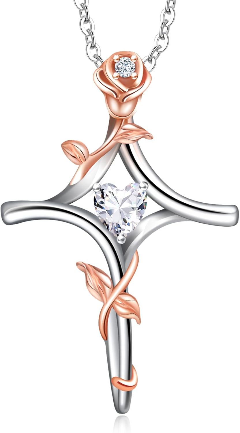 RIVIKO Rose Flower Cross Necklace for Women,925 Sterling Silver Birthstone Necklaces Heart Pendant,Cross Jewelry Anniversary Birthday Gifts for Women Wife Mom Lady