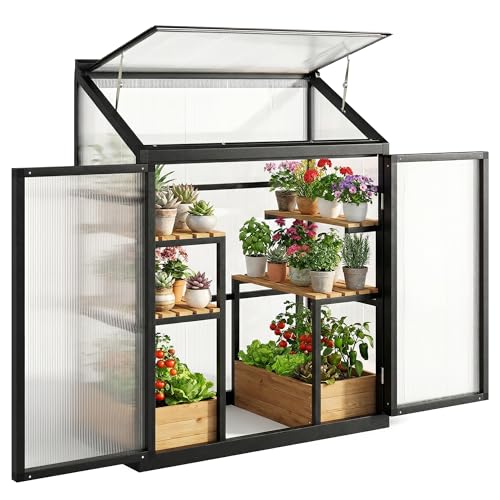 Outsunny 4 x 2ft Polycarbonate Greenhouse with Hinged Door Top Vent Lean-to Green House Aluminium Walk-in Greenhouse for Patio Garden Black