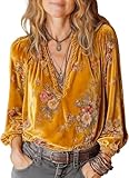 Fronage Velvet Blouses for Women Bohemian Floral Print Western Blouses Vintage Pleated Deep V Neck Long Sleeve Shirts Yellow