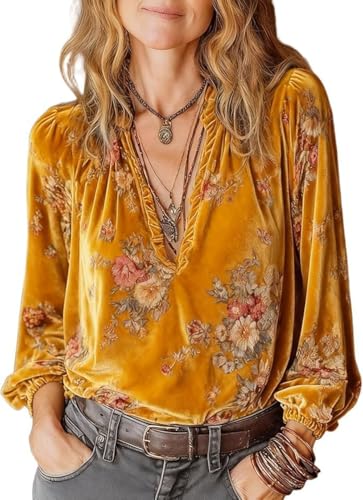 Fronage Velvet Blouses for Women Bohemian Floral Print Western Blouses Vintage Pleated Deep V Neck Long Sleeve Shirts Yellow