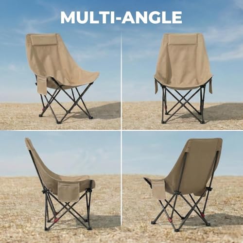 Image of Frevrons Foldable Camping Moon Chair with High Back - Lightweight Portable Outdoor Folding Chair Side Pocket - Heavy Duty X-Frame for Balcony, Garden, Hiking & Travel (Black)