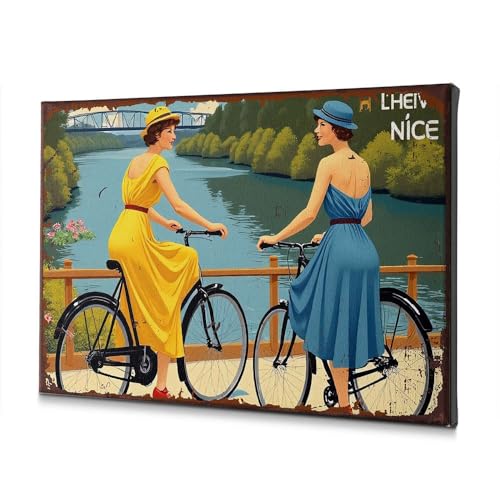 Toile de Pâques 20x30 cm de deux femmes à vélo au bord d'une rivière pour mur