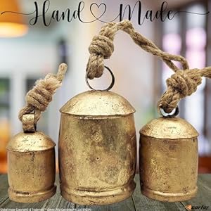 Set of 3 Rustic Style Bells Handmade Giant Vintage Metal Harmony Christmas Hanging Decoration Cow Bells on Jute Rope (Small) Set of 3 Rustic Style Bells Handmade Giant Vintage Metal Harmony Christmas Hanging Decoration Cow Bells on Jute Rope Small