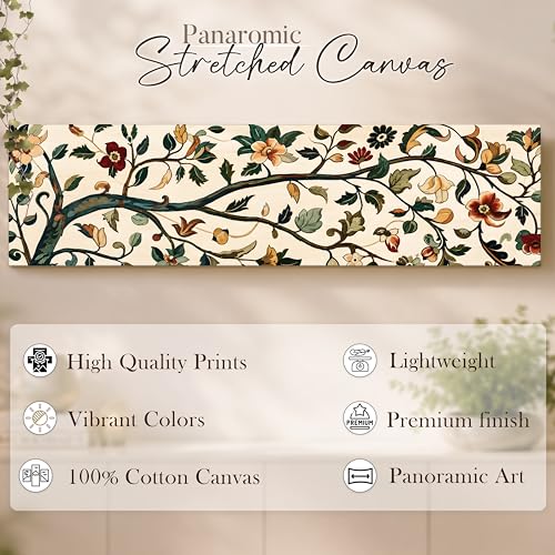 Image of Traditional Kalamkari Botanical Stretched Canvas Wall Art Painting for Living Room, Horizontal Floral Canvas Wall Decor For Livingroom, Bedroom, Office, Hallway's, Hotel 12x46 Inch