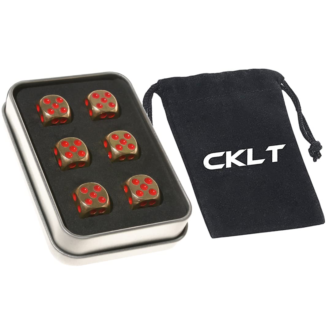 6 Sided Metal Brass Dice with Red Pips, Tables Board Game Dice, 6pcs Solid Gift Brass Dice, Tabletop Games Set for Poker Party Playing Games