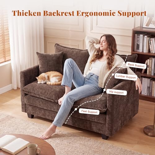 Image of 50'' Loveseat Sofa Cloud Sofa Couch, Modern Loveseats 2 Seat Couch 27 inch Deep Seat with 2 Pillows for Small Spaces Apartment Studio Office Bedroom Living Room, Brown