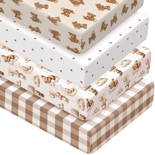 Image of Peryiter 4 Pack Crib Sheets for Baby Brown Bear Baby Bed Sheet Set 52'' x 28 inch Soft Nursery Crib Sheets for Standard Bed Toddler Mattress Nursery Decor Boys Girls Kids