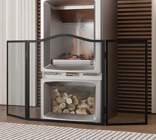 Kingson Extra breites gewölbtes 3-teiliges Feuerschutzgitter - Schwarz Schmiedeeisen Funkenschutz für Kamin - Faltbarer Gitter-Feuerschutz - 102 x 54 cm - Hitzebeständig, Kinder- & Haustiersicher