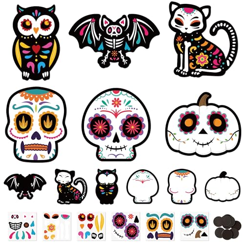 Haooryx DIY Day of The Dead Magnet Craft Kit - 30 Set Make Your Own Dia de Los Muertos Sugar Skull Decoration Sticker Craft Halloween Mexican Festival Party Supply Kid Art Project Bulletin Board Decor