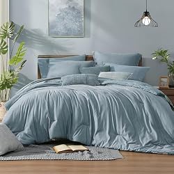 Monbix Full Comforter Set 7 Pieces Dusty Blue Cationic Dyeing Bed in a Bag | Lightweight Reversible All Season Bedding Sets with Comforter, Sheets, Pillowcases & Shams