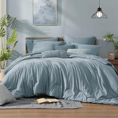 Monbix Full Size Comforter Set-7 Pieces Dusty Blue Cationic Dyeing Bed in a Bag Full Bedding Sets with Comforter, Sheets, Pillowcases & Shams, All Season Reversible Bedding Comforters