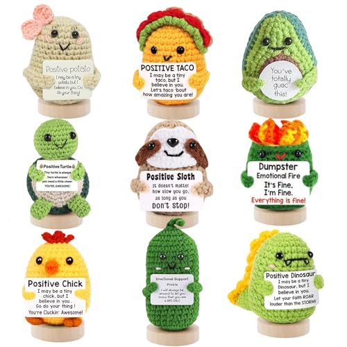 UNCLEM 9PCS Mini Emotional Support Nuggets Positive Crochet Animals Set Potato Pickle Dumpster Fire Turtle Taco Chicken Birthday Gifts for Women Men Him Her Coworker Friend Desk Decor