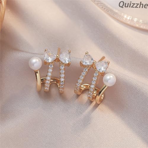 Trendy Claw Silver Dainty Bow Rhinestone Earrings - Shiny CZ Half Hoop Studs, Piercing Cartilage Wrap, Tiny Chic Pearl Illusion Jewelry for Teen Girls4