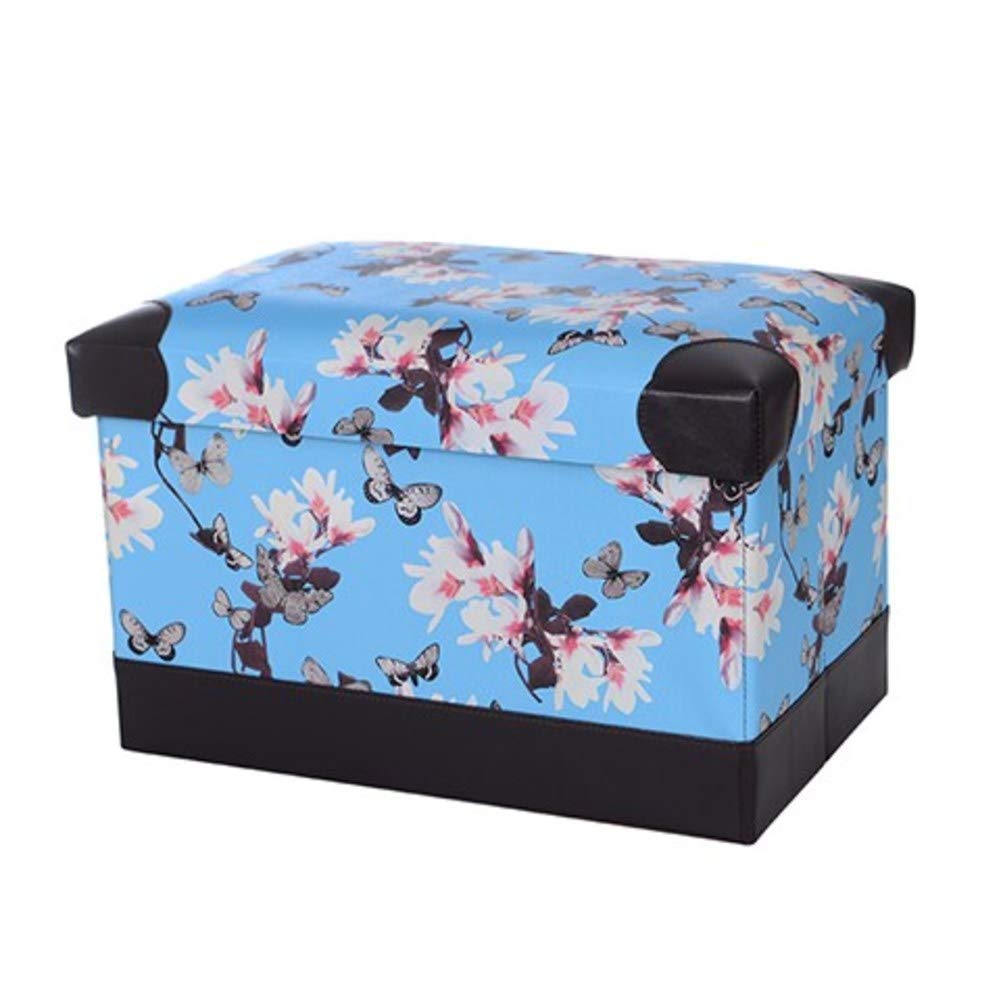 Pouf en cuir PU fleur bleue : élégant coffre de rangement et siège rembourré