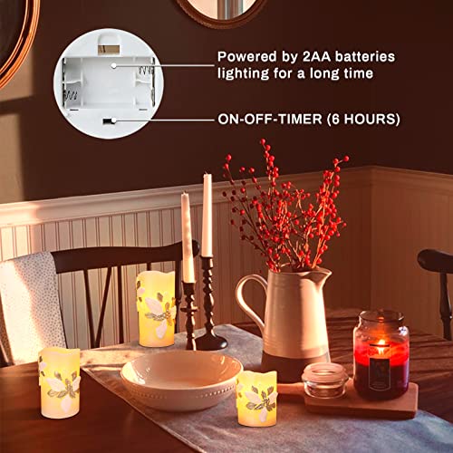 Revelbunny Christmas Poinsettia Flameless Candles, Battery Operated Led Pillar Candles With Remote Timer, Real Wax Embossed Flower Candles For Holiday Wedding Home Decoration, Set Of 3 #TOP5