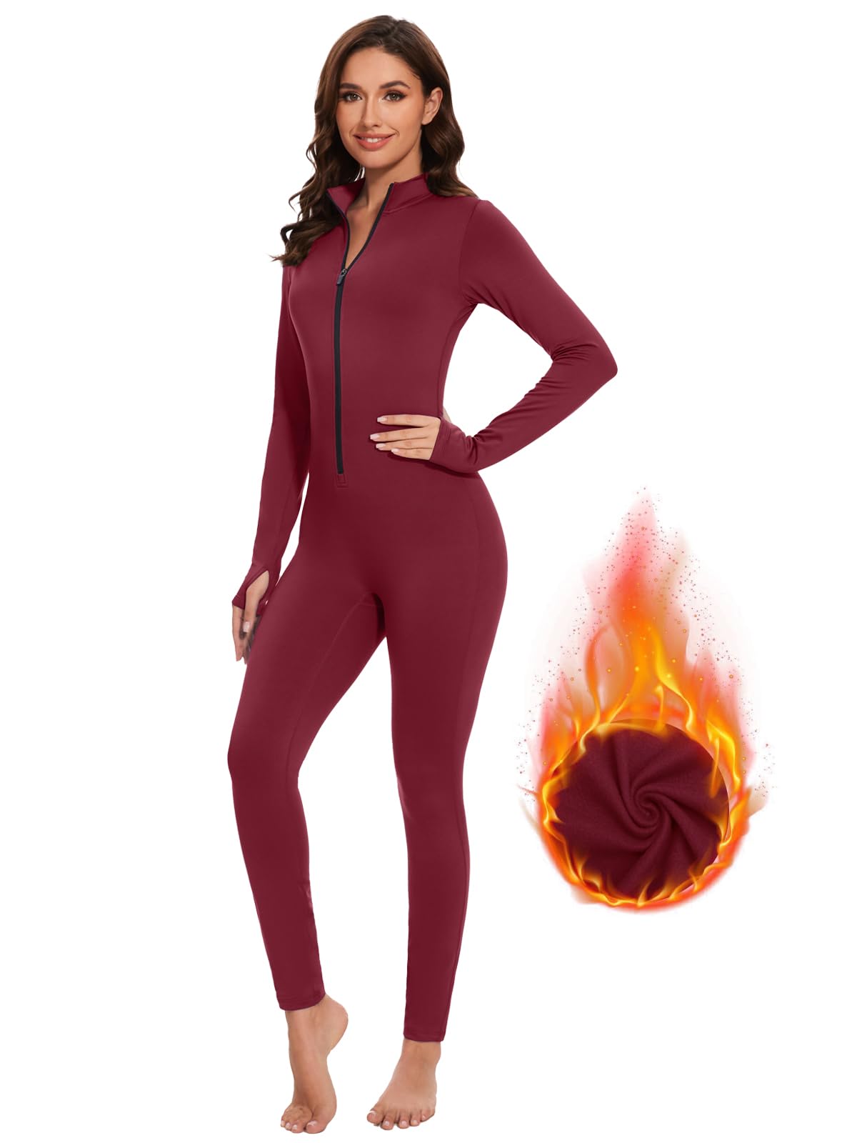 VUTRU Mono deportivo para mujer, largo y ajustado, de cuello alto, con cremallera, forro polar, una pieza, sexy, para yoga