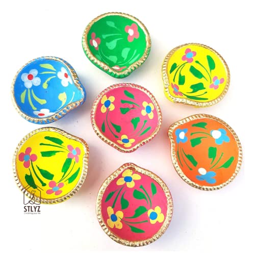 Image of STLYZ Colourful Handmade Diyas for Diwali Hand Painted Decorative Clay Mitti Diya Deepak Lanterns for Diwali Decoration (HandpaintedPlainDiya 11)