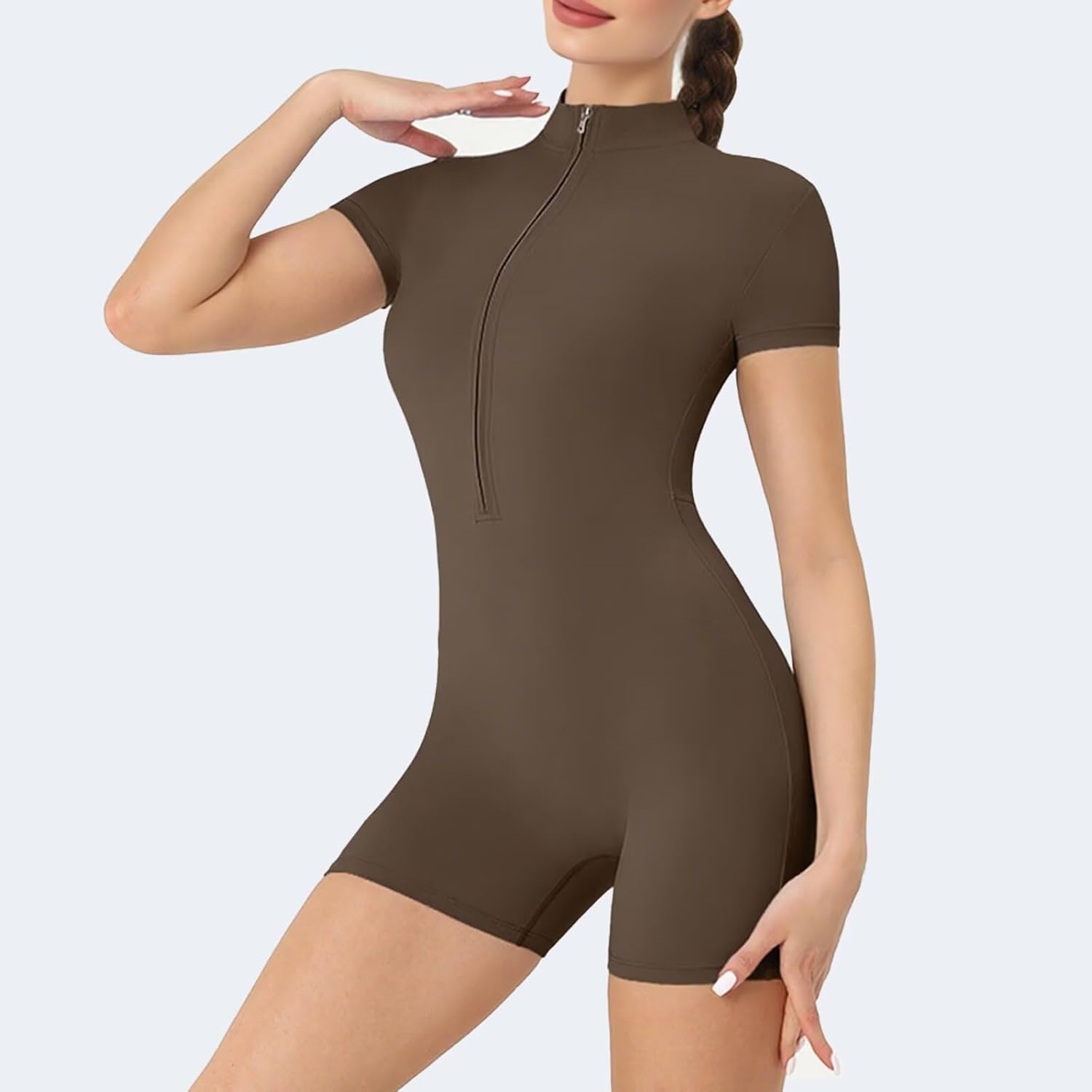 Women Workout Jumpsuit Short Sleeve Zip Up Romper Bottom Shorts Tummy Control One Piece Bodysuit - Image 4