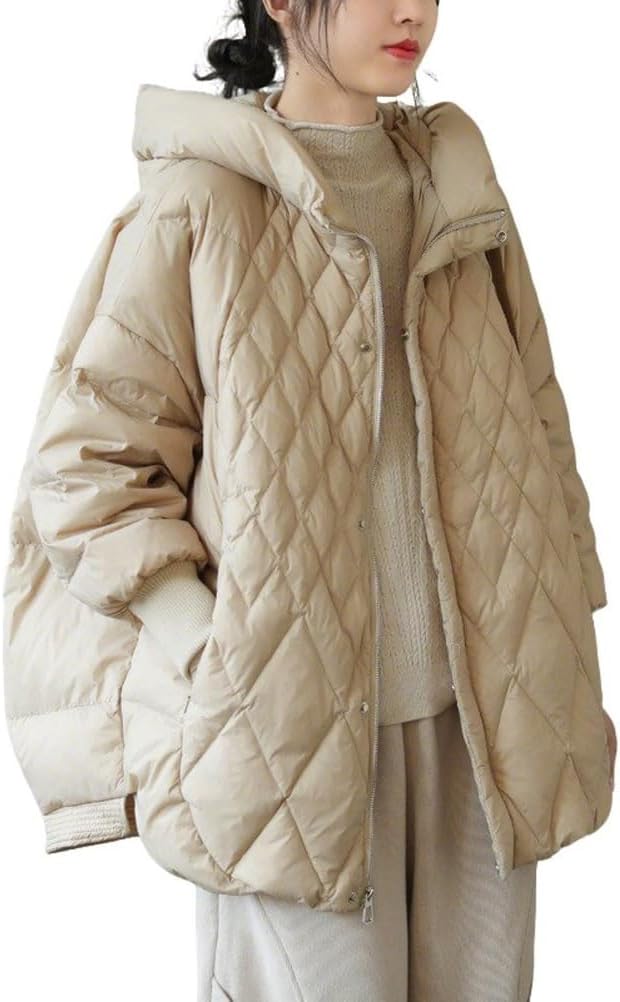 Womens Diamond Quilted Puffer Jacket Hooded Zip Up Long Sleeve Warm Winter Coat Outwear with Zipper Pockets