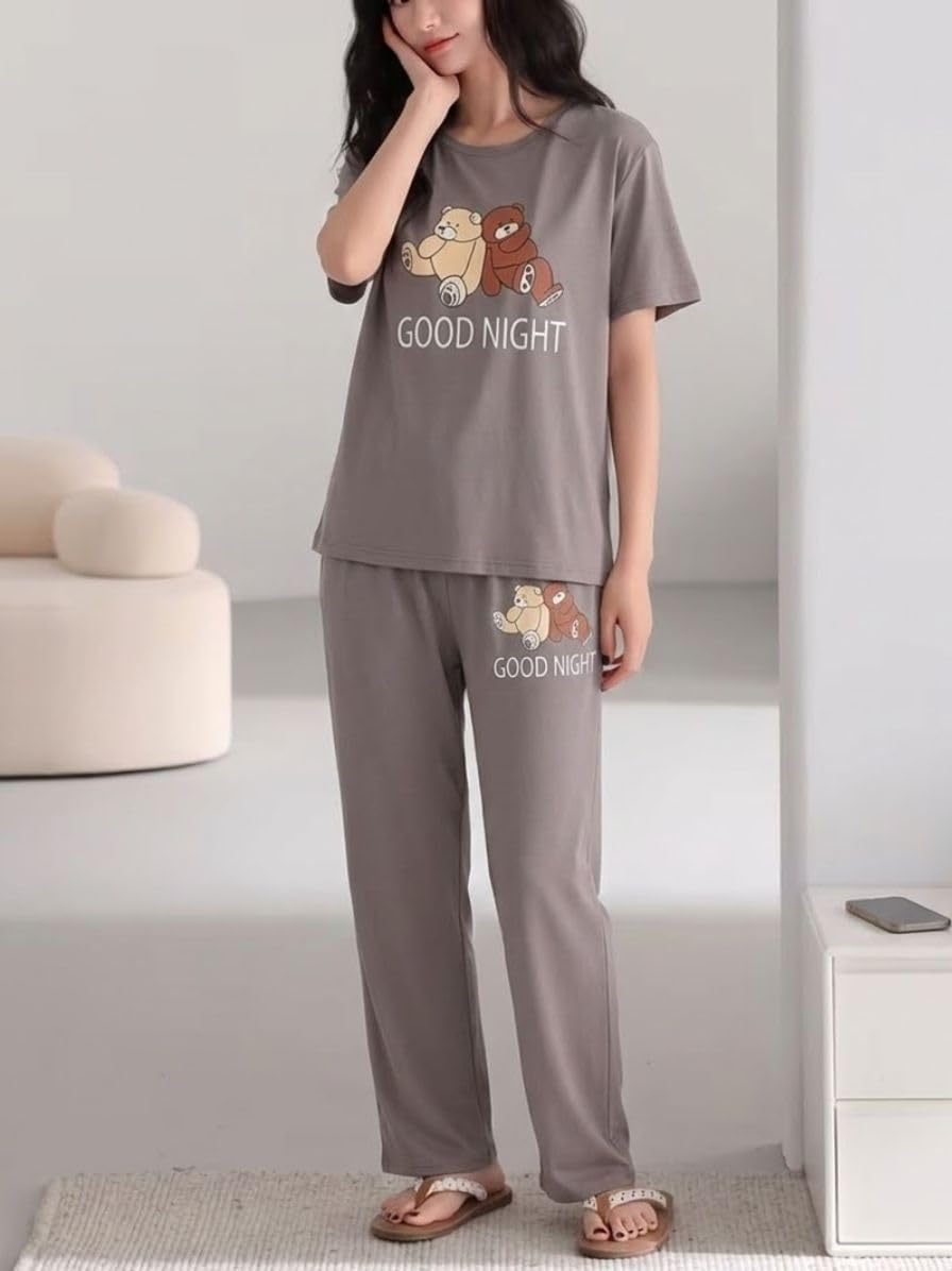 SMOWKLY Conjunto de pijama de dos piezas de mezcla de algodón de alta calidad con bonito estampado para mujer, camiseta elegante con pantalón de pijama, ropa de descanso cómoda