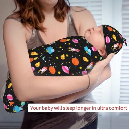 Image of Space Galaxy Newborn Swaddling Blanket Beanie Hat Sets Soft Baby Receiving Funny Constellation Blanket Soft Sleeping Bag New Born Soft Sleep Sacks for Boys Girls