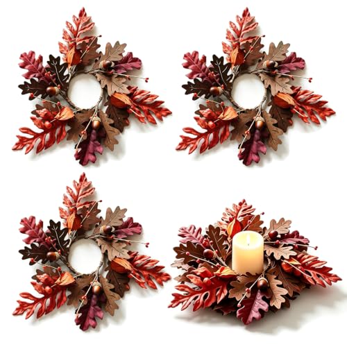 4 PCS Fall Maple Leaves Candle Ring Wreaths Autumn Wooden Leaves Candle Holder Rings with Acorns Berries Lantern Fruit Thanksgiving Harvest Wreath for Pillar Candles Farmhouse Table Centerpiece Decor