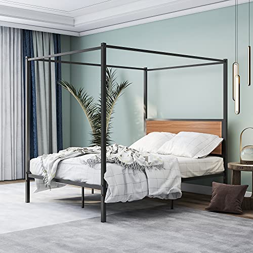 JURMERRY Metal Canopy Platform Bed Frame with Wooden Headboard / No Box Spring Need / Mattress Support Easy Assembly, Queen Black DK JURMERRY Metal Canopy Platform Bed Frame with Wooden Headboard / No Box Spring Need / Mattress Support Easy Assembly, Queen Black DK