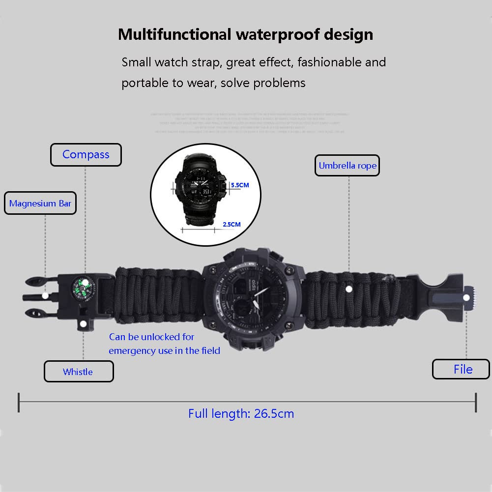 Survival zegarek na rękę, męski, damski, taktyczny, z paracord, gwizdkiem, krzesiwo, skrobakiem, kompasem i termometrem, 6 w 1, wielofunkcyjny zegarek outdoorowy, tęcza, pasek