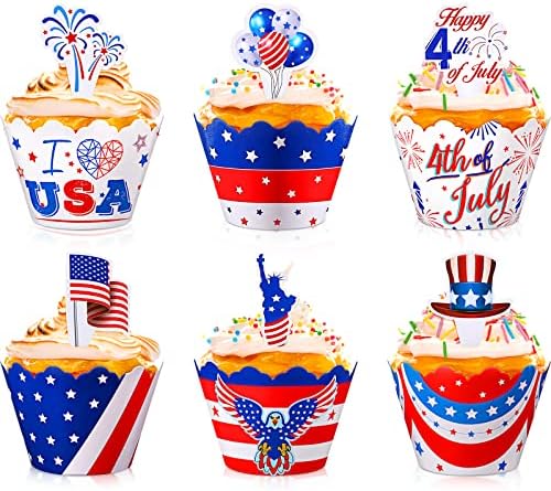 60-Pack 4th Of July Cupcake Toppers - Glitter Patriotic Flag Picks For Independence Day Party Decor
