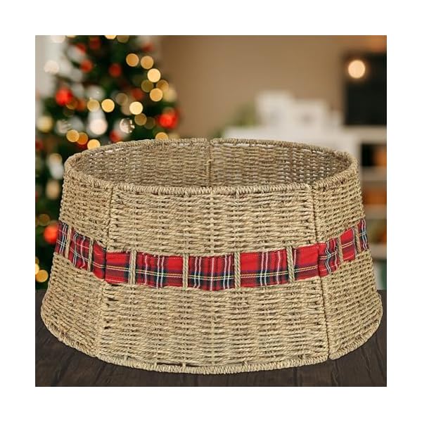 Blissun christmas tree collar rattan farmhouse christmas tree ring natural woven rustic christmas tree skirt plaid large  urban country home decor