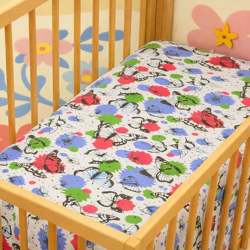 Image of Fitted Cot Crib Sheet | Bed Sheets for Newborn Baby Crib Mattress | Deep Pocket All Round Elastic Fitted Crib Sheet for Baby| Size 132 cm x 71 cm | Crib Sheets - 28 inchx52 inch | Butterfly Fun